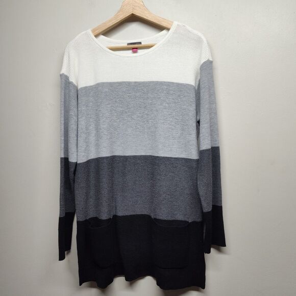 Vince Camuto Crochet Sweater Women Size M Gray Stripes Fall Winter Casual - Picture 1 of 7